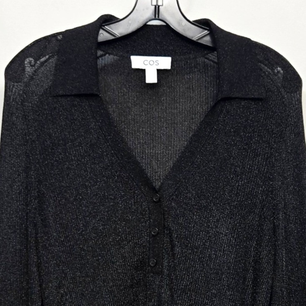 COS Sheer Metallic Knit Top Shirt Large Black Silver Ribbed Collared Minimalist - Picture 3 of 7